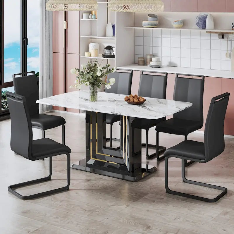 Table de salle à manger motif marbre - Pieds en MDF noir avec lignes dorées