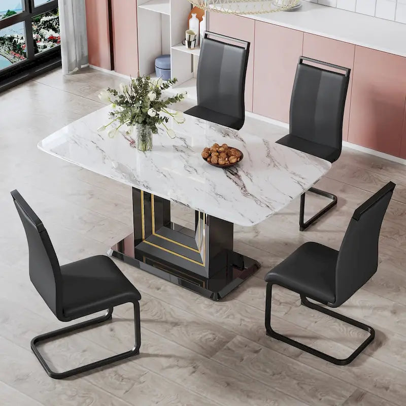 Table de salle à manger motif marbre - Pieds en MDF noir avec lignes dorées