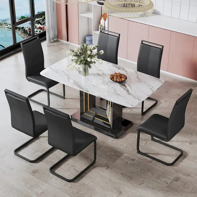 Table de salle à manger motif marbre - Pieds en MDF noir avec lignes dorées